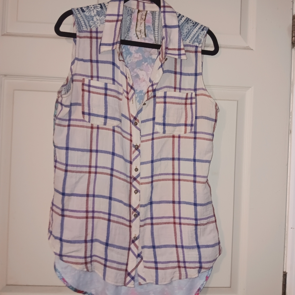 Euc Arrat Silent Journey Plaid And Floral Sleeveless Button-Up Shirt Sz M
